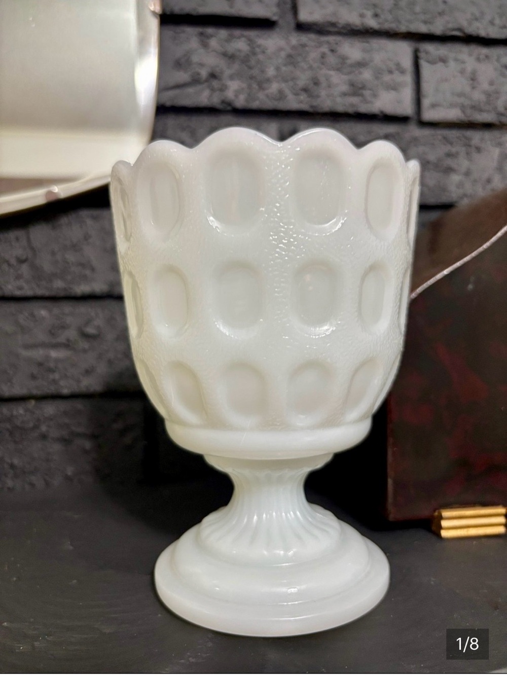 Vintage E.O. Brody milk glass pedestal vase thumbprint pattern scalloped edge